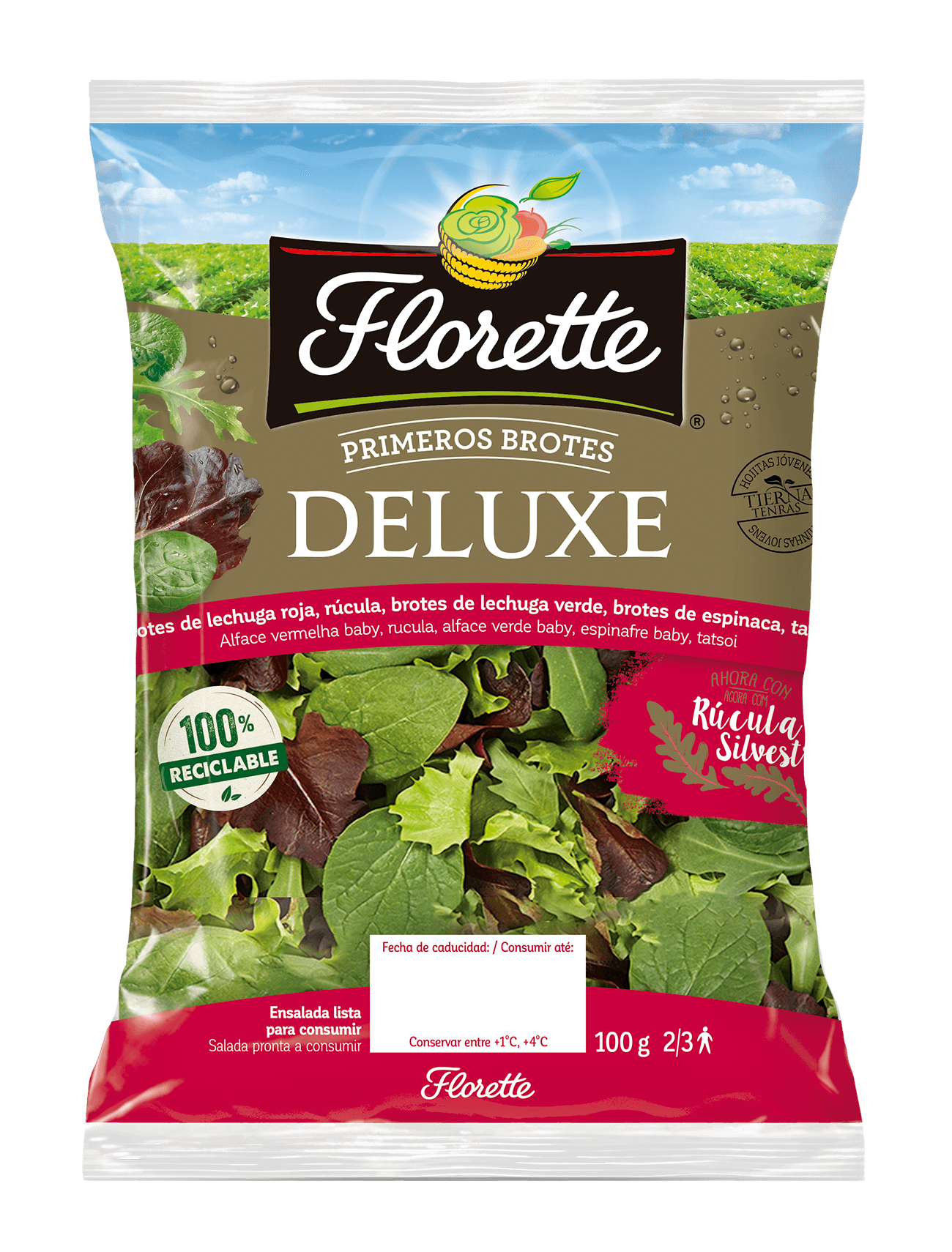 1300x1710px Bolsa de ensalada deluxe con primeros brotes de lollo verde, espinaca, tatsoi, hoja de roble, y rucula.