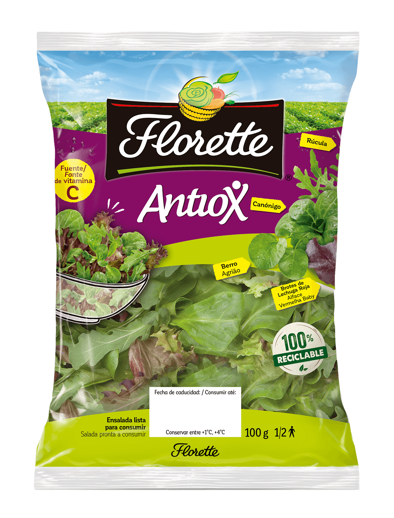 Florette – Producto – Antiox – Tapa Bolsa de ensalada antioxidante con canónigo verde, brote de rúcula, brote de lollo rojo y berro.
