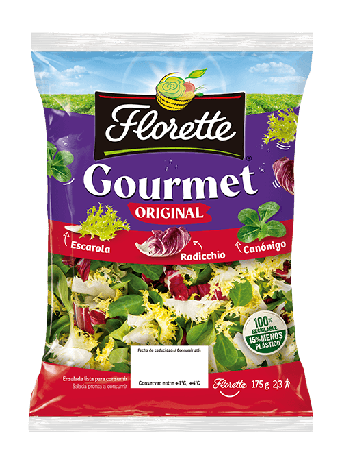Bolsa de ensalada gourmet con mezcla escalora rizada, radicchio y canónigo verde.