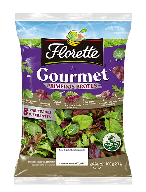 Bolsa de ensalada gourmet con primeros brotes de lollo rojo, rucula, red chard, savia roja, espinaca, tatsoi, batavia roja, y batavia verde.