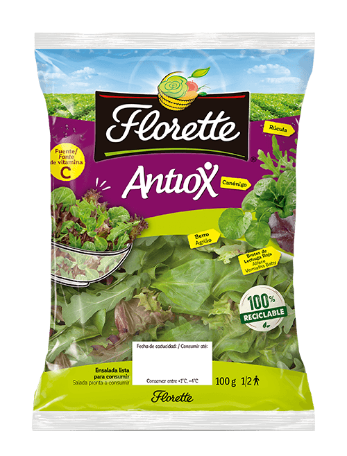 Bolsa de ensalada antioxidante con canónigo verde, brote de rúcula, brote de lollo rojo y berro.