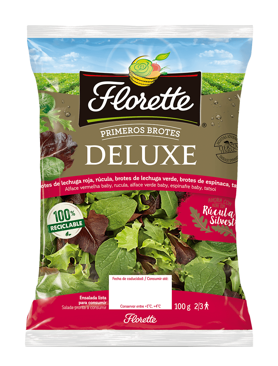 Florette – Producto – Deluxe – Detalle Bolsa de ensalada deluxe con primeros brotes de lollo verde, espinaca, tatsoi, hoja de roble, y rucula.