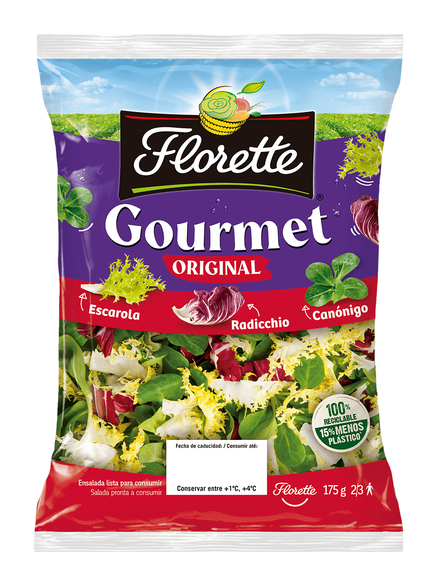 Florette – Producto – Gourmet Original – Detalle Bolsa de ensalada gourmet con mezcla escalora rizada, radicchio y canónigo verde.