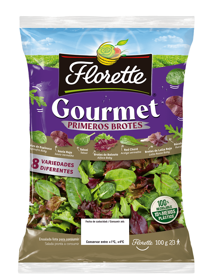 Florette – Producto – Gourmet – Detalle Bolsa de ensalada gourmet con primeros brotes de lollo rojo, rucula, red chard, savia roja, espinaca, tatsoi, batavia roja, y batavia verde.