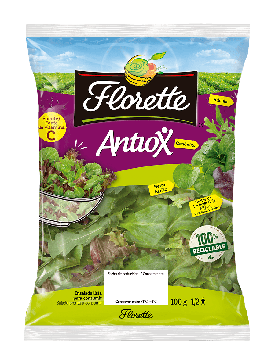 Florette – Producto – Antiox – Detalle Bolsa de ensalada antioxidante con canónigo verde, brote de rúcula, brote de lollo rojo y berro.