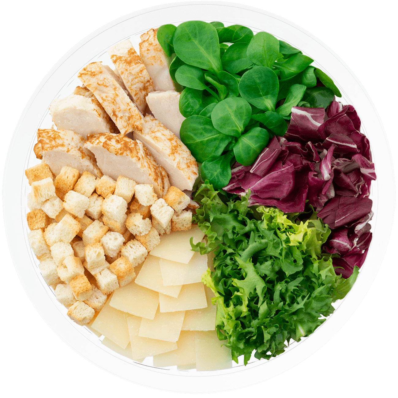 Florette – Producto – César – Producto Abierto Ensalada completa cesar con salsa cesar, escarola rizada, radicchio, canonigo verde, queso parmesano, picatostes y pollo braseado
