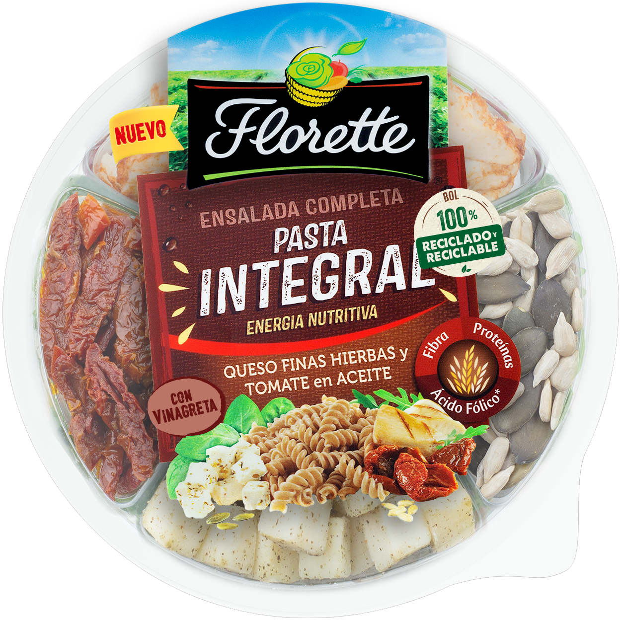 Ensalada completa de pasta integral con brotes de espinaca, pasta integral, tomate en aceite, pollo braseado, queso finas hierbas, pipas de calabaza, semillas de girasol, brote de rucula y vinagreta con finas hierbas Ensalada completa de pasta integral con brotes de espinaca, pasta integral, tomate en aceite, pollo braseado, queso finas hierbas, pipas de calabaza, semillas de girasol, brote de rucula y vinagreta con finas hierbas