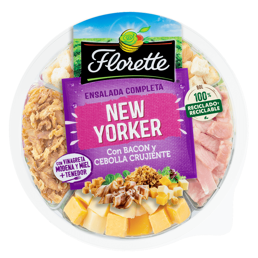 Florette – Producto – New Yorker – Detalle Ensalada completa New Yorker con escarola rizada, radicchio, canonigo verde, bacon, picatostes, queso cheddar, cebolla crujiente y vinagreta de modena y miel