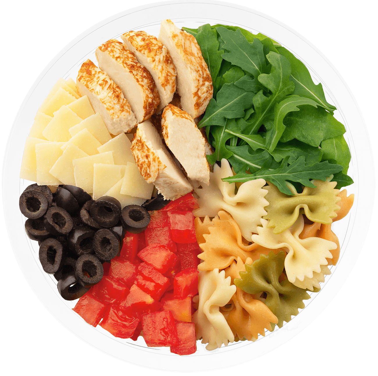 Ensalada completa pasta, aceitunas negras, queso curado, tomate en dados, brote de rucula, pollo braseado y vinagreta de tomate y albahaca