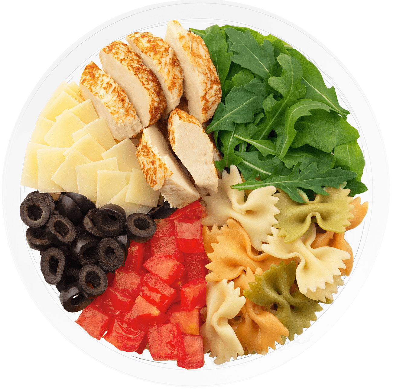 Ensalada completa pasta, aceitunas negras, queso curado, tomate en dados, brote de rucula, pollo braseado y vinagreta de tomate y albahaca