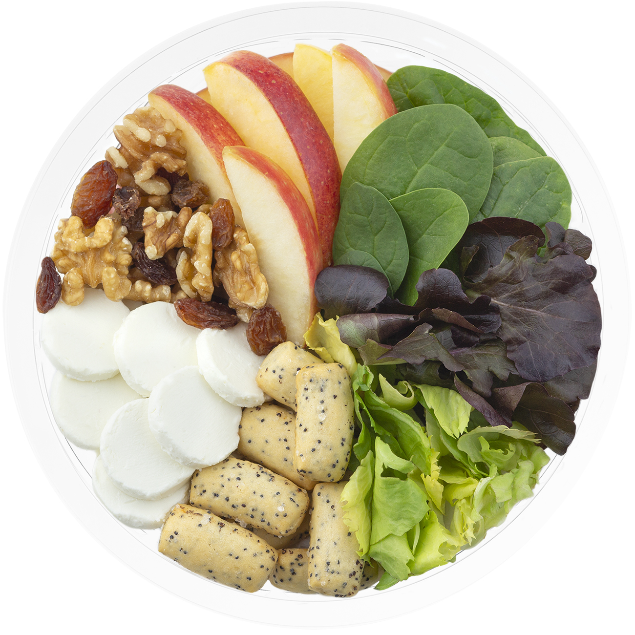 Florette – Producto – Gourmet – Producto Abierto Ensalada completa gourmet con brotes de espinaca, nueces, pasas, queso de cabra, brotes de hoja de roble, escarola lisa, vinagreta de frutos rojos, palitos de pan crujiente y manzana