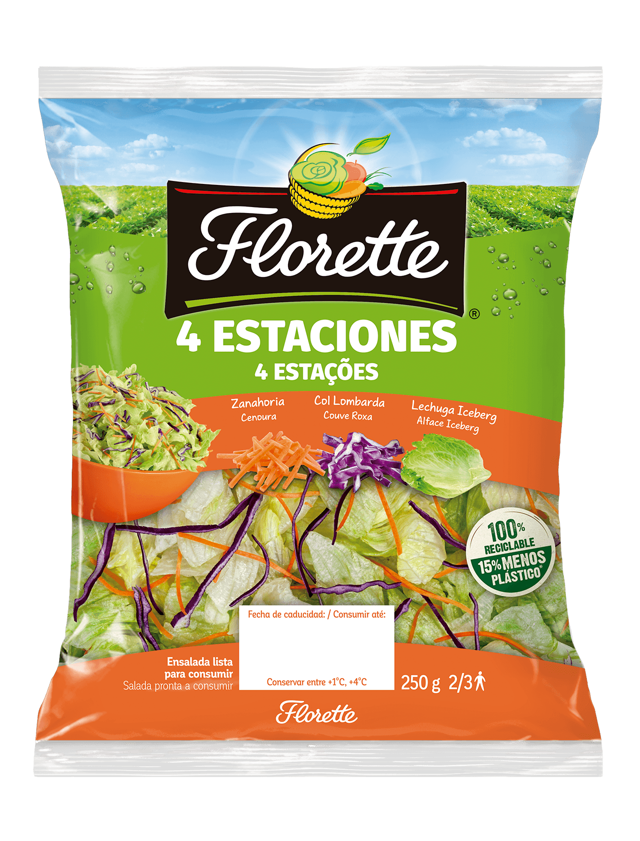 Bolsa de ensalada 4 estaciones con mezcla de lechuga iceberg, zanahoria y col lombarda.