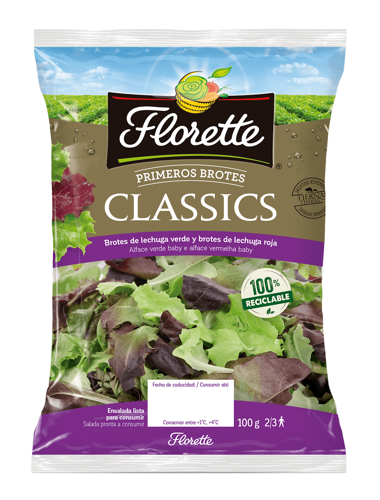 Florette – Producto – Classics – Tapa Bolsa de ensalada clásica de primeros brotes con lollo rojo y lollo verde