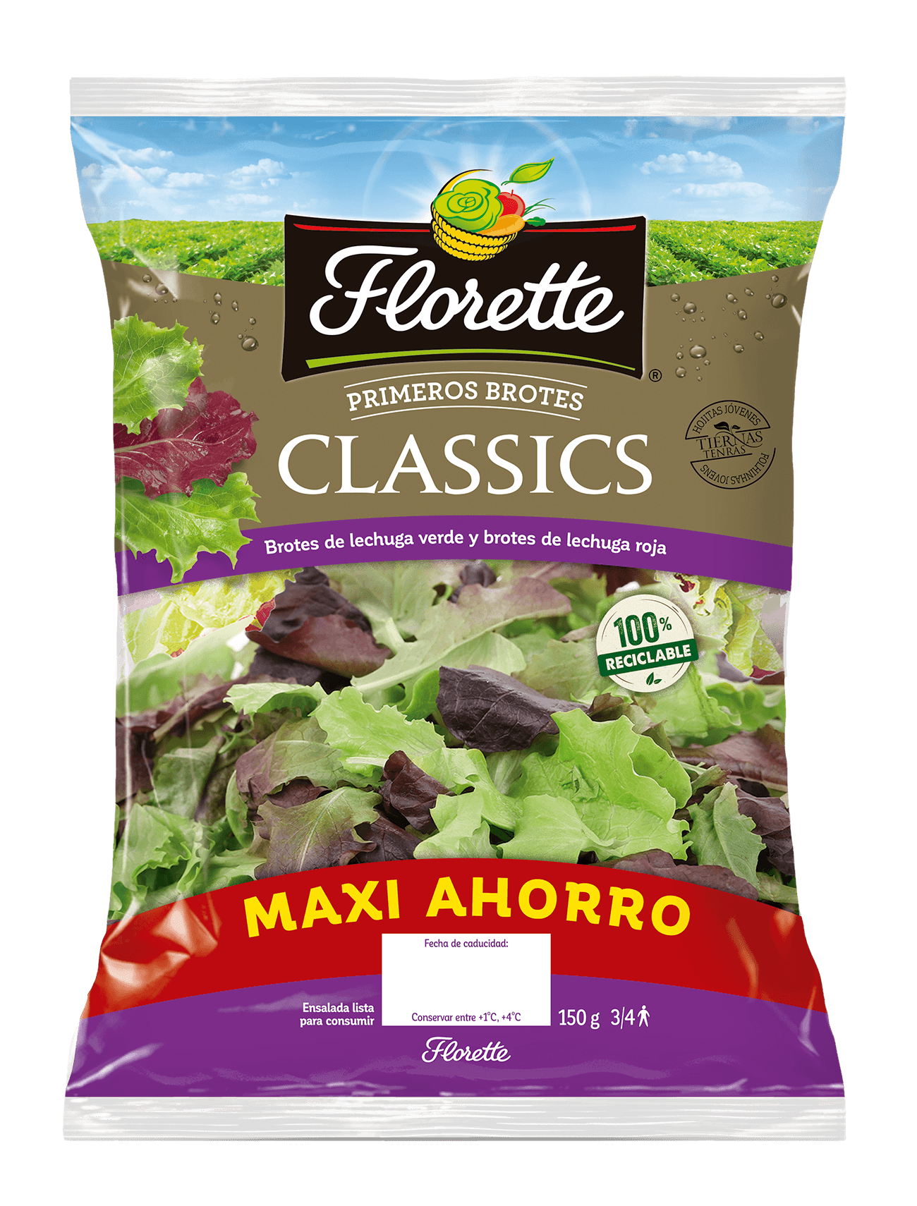 Florette – Producto – Classic Maxi – Tapa Bolsa de ensalada maxi ahorro con brotes de lechuga roja y brotes de lechuga verde.