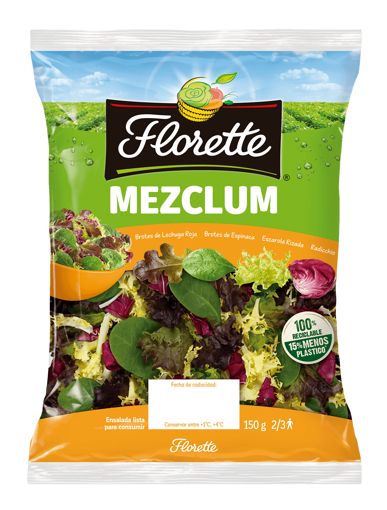 Florette – Producto – Mezclum – Tapa Bolsa de ensalada tierna con radicchio, escarola rizada, brotes de lechuga roja y espinaca.