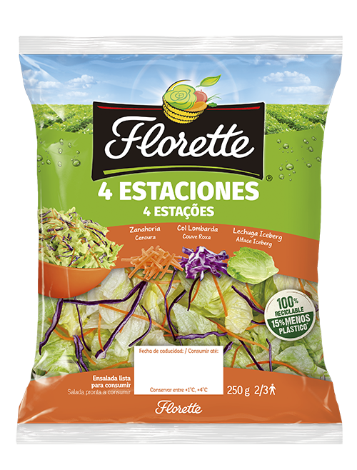 Bolsa de ensalada 4 estaciones con mezcla de lechuga iceberg, zanahoria y col lombarda.