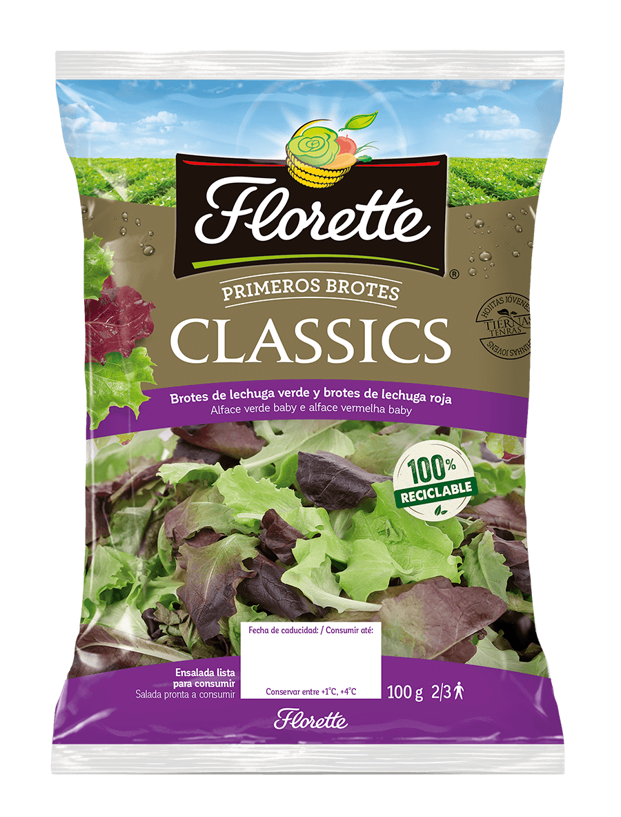 Florette – Producto – Classics – Detalle Bolsa de ensalada clásica de primeros brotes con lollo rojo y lollo verde