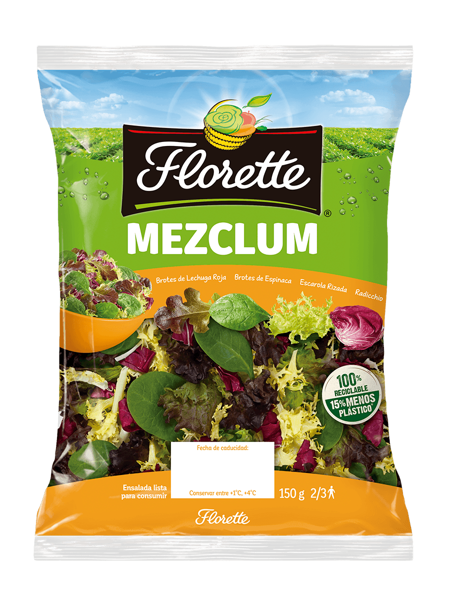 Florette – Producto – Mezclum – Detalle Bolsa de ensalada tierna con radicchio, escarola rizada, brotes de lechuga roja y espinaca.