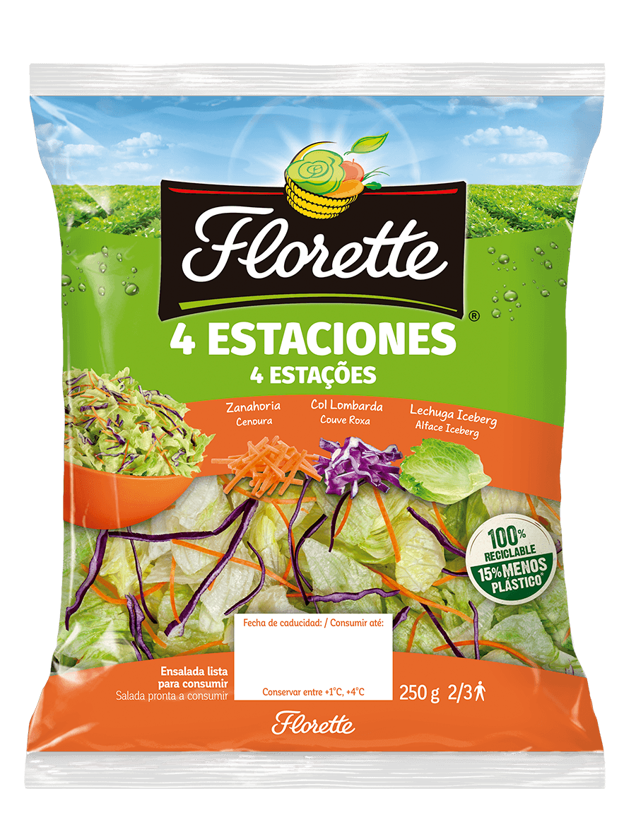 Florette – Producto – 4 Estaciones – Detalle Bolsa de ensalada 4 estaciones con mezcla de lechuga iceberg, zanahoria y col lombarda.