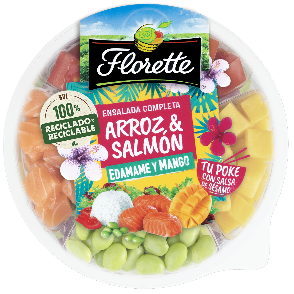 Florette – Producto – Ensalada completa arroz y salmón – Tapa Ensalada completa de arroz y salmón con radicchio, zanahoria, salsa de sesamo y edamames.