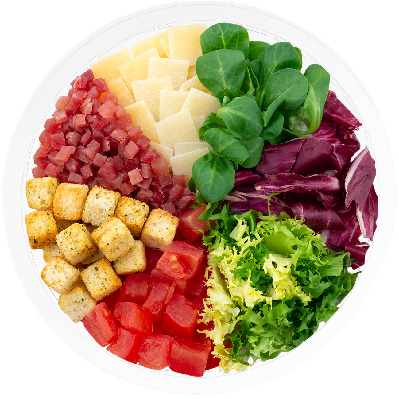 Florette – Producto – Ibérica – Producto Abierto Ensalada completa ibérica con escarola rizada, radicchio,canónigo verde, jamón serrano, queso curado, tomate en dados y vinagreta de gazpacho
