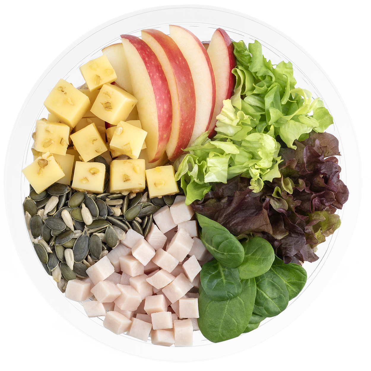 Florette – Producto – Optima – Producto Abierto Ensalada completa con manzana, pavo, escarola lisa, espinaca, brote lollo rojo, pipas de calabaza, semillas de girasol, queso con nueces y vinagreta de albahaca y semillas de amapola
