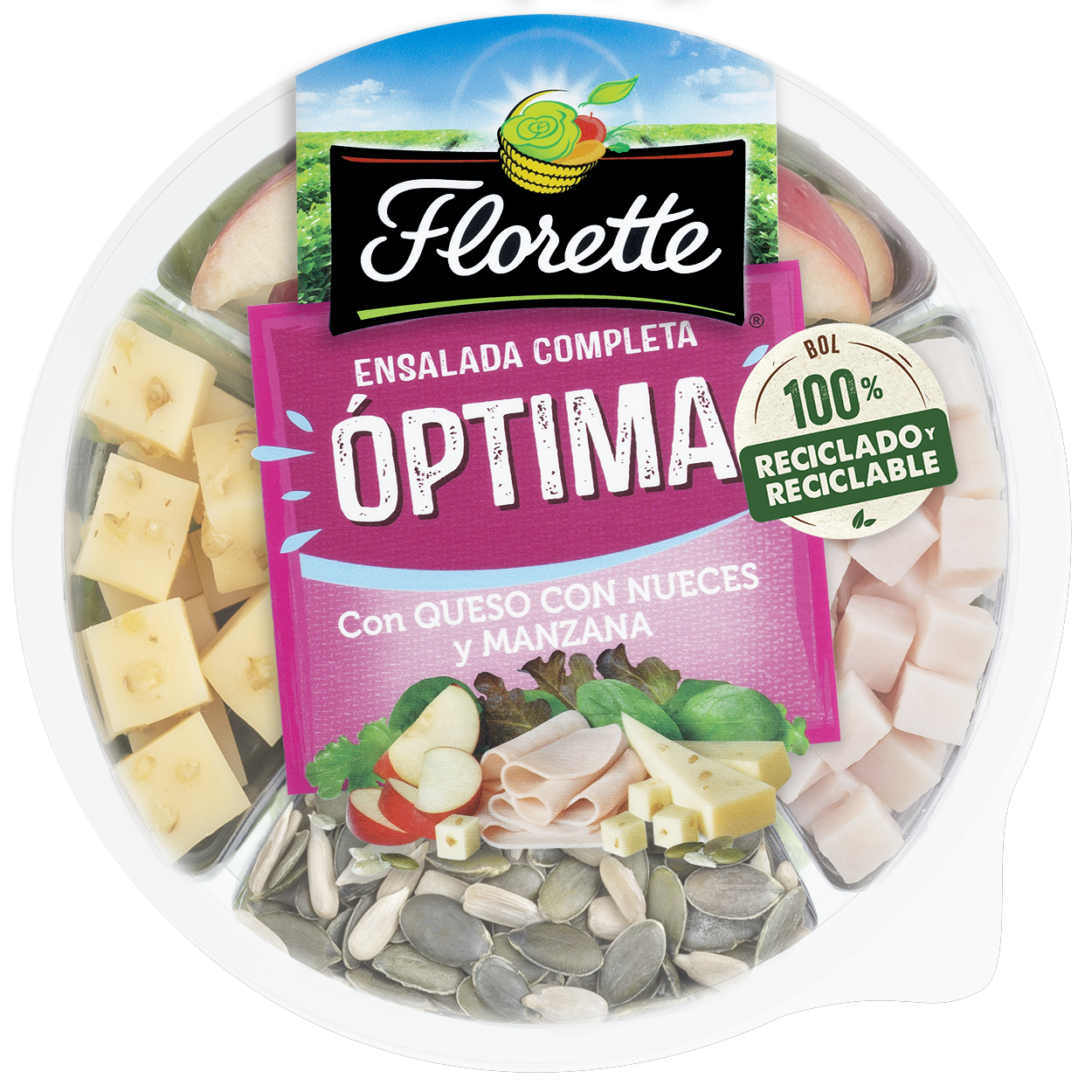 Florette – Producto – Optima – Tapa Ensalada completa con manzana, pavo, escarola lisa, espinaca, brote lollo rojo, pipas de calabaza, semillas de girasol, queso con nueces y vinagreta de albahaca y semillas de amapola