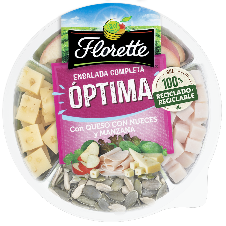Florette – Producto – Optima – Detalle Ensalada completa con manzana, pavo, escarola lisa, espinaca, brote lollo rojo, pipas de calabaza, semillas de girasol, queso con nueces y vinagreta de albahaca y semillas de amapola