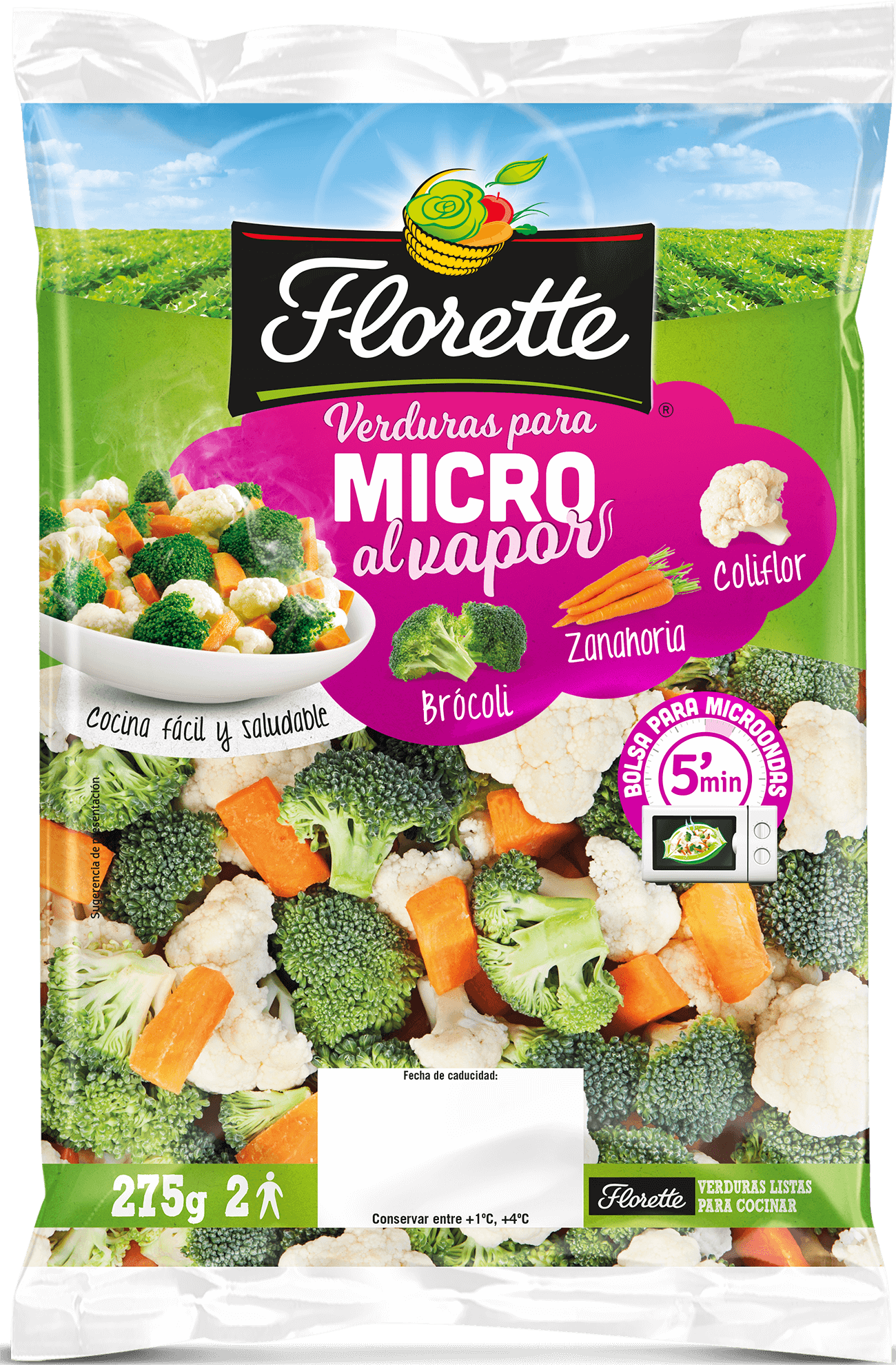 Bolsa de ensalada para microondas con zanahoria, brócoli y coliflor