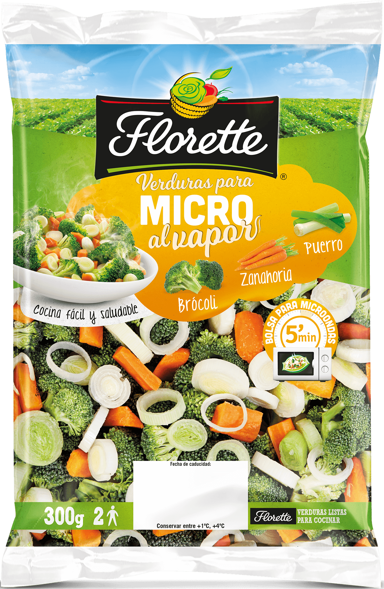 Bolsa de verduras para el microondas con brócoli, zanahoria y puerro