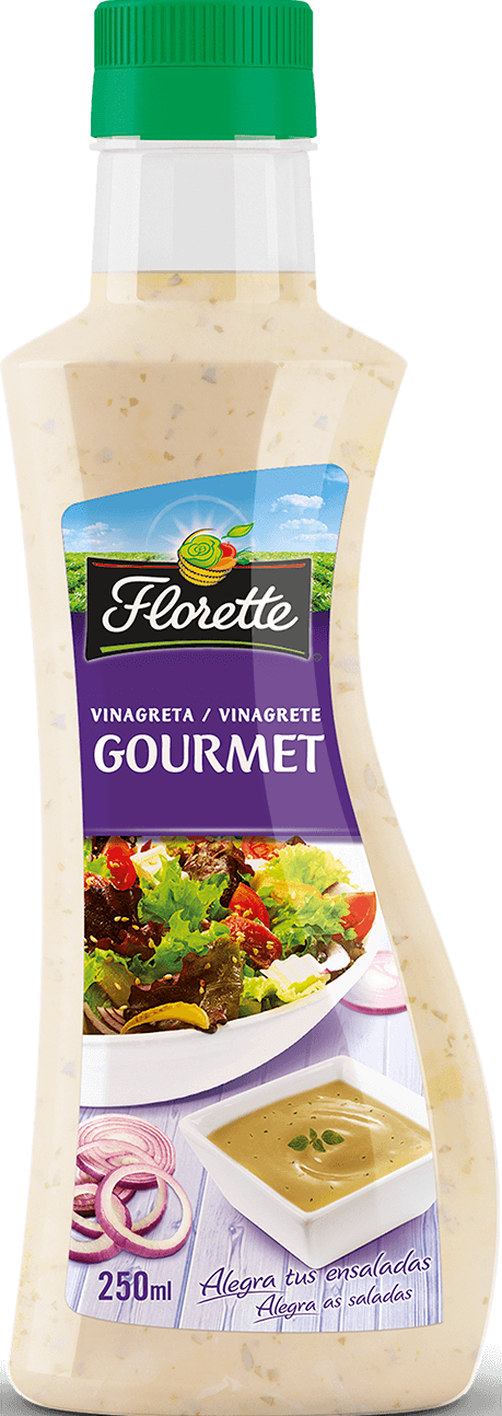 Florette – Producto – Salsa Vinagreta Gourmet – Detalle Botella con vinagreta gourmet