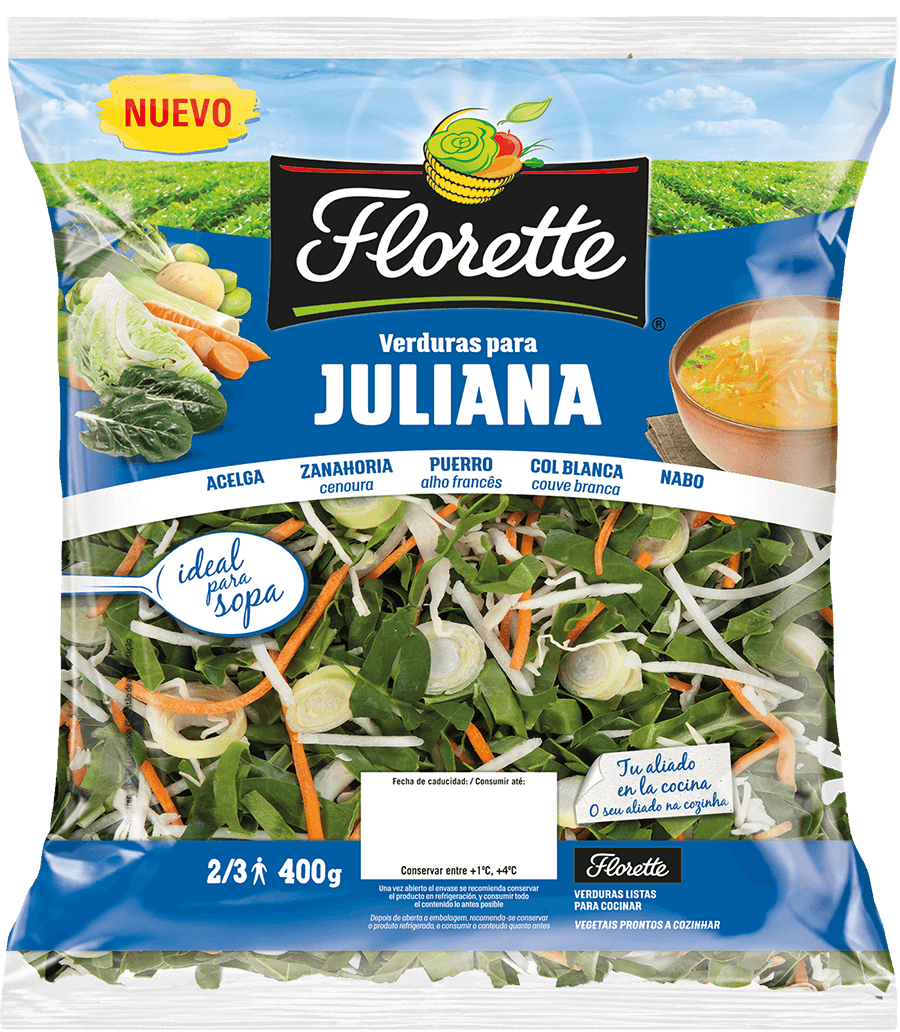 Florette – Producto – Sopa Juliana – Detalle Bolsa de verduras con acelga, zanahoria, puerro, col blanca y nabo