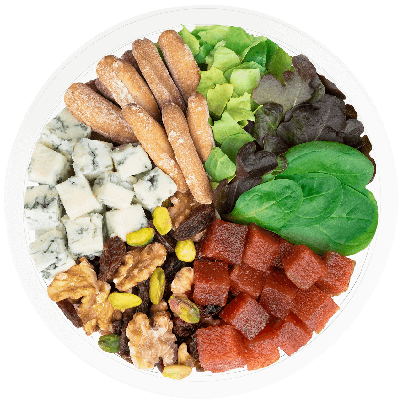 Florette – Producto – Deluxe – Producto Abierto Ensalada completa deluxe con brotes de espinaca, escarola lisa, brotes de lechuga roja, pasas, picatostes artesanos, membrillo, pistachos, queso gorgonzaola, nueces, vinagreta balsamica de pera