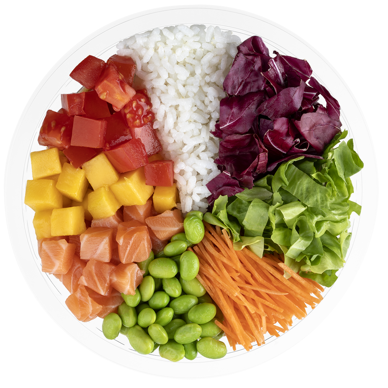 Florette – Producto – Ensalada completa arroz y salmón – Producto Abierto Ensalada completa de arroz y salmón con radicchio, zanahoria, salsa de sesamo y edamames.