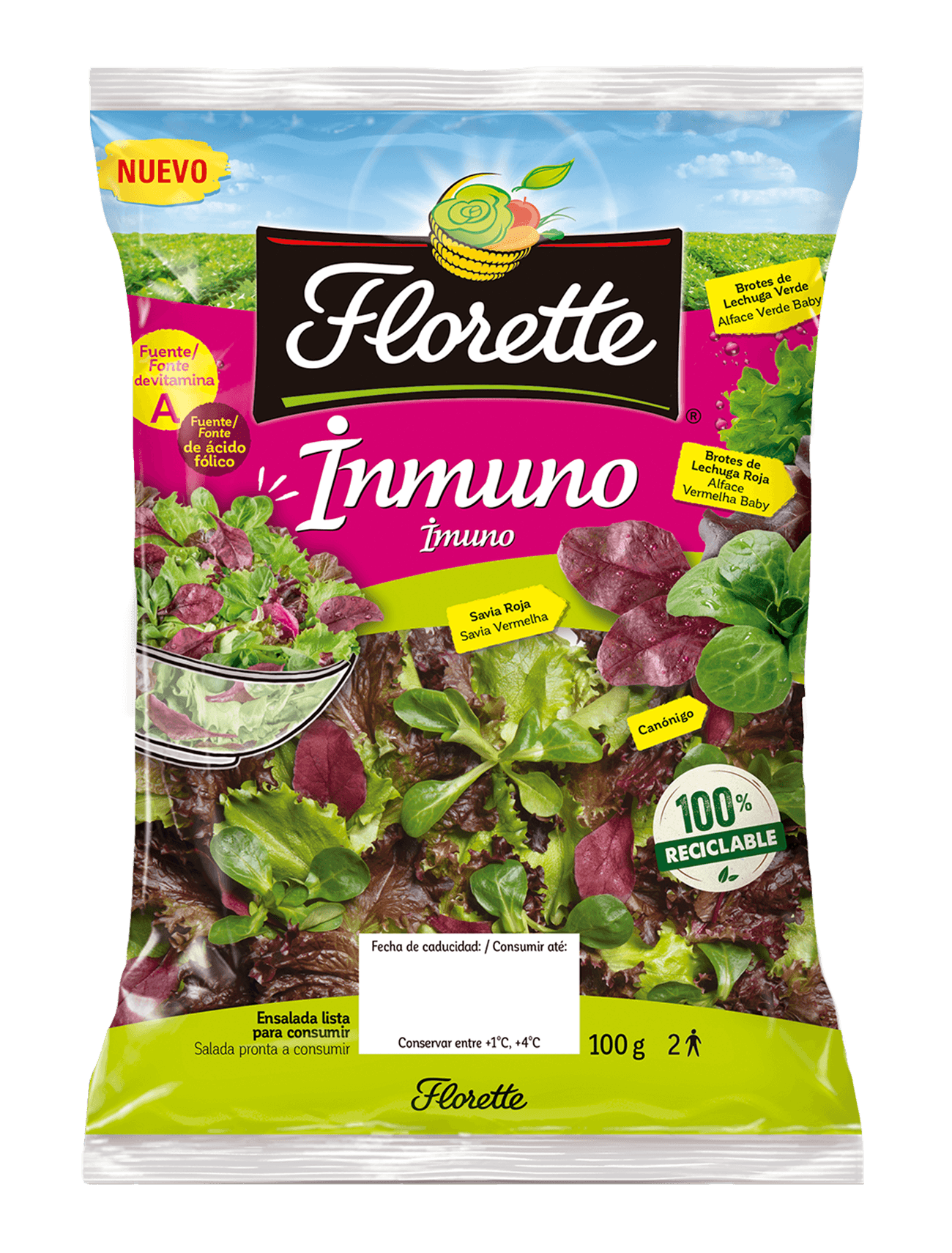Florette – Producto – Inmuno – Tapa Bolsa de ensalada inmuno de primeros brotes con savia roja, canónigo verde, lollo verde y lollo rojo.