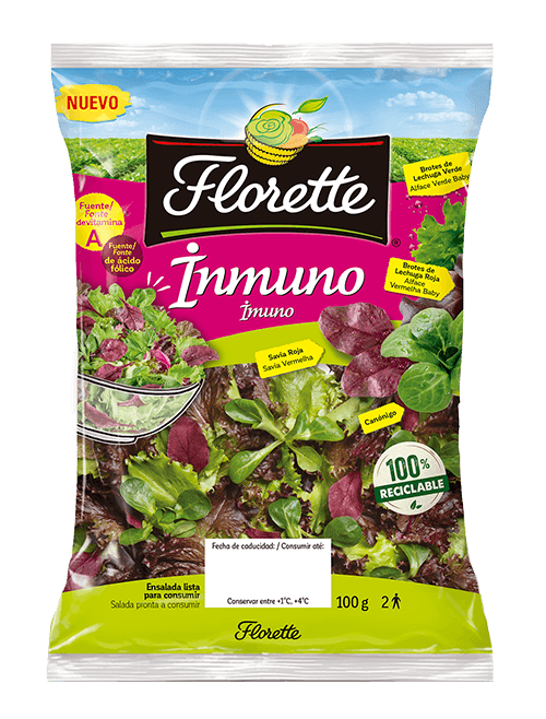Bolsa de ensalada inmuno de primeros brotes con savia roja, canónigo verde, lollo verde y lollo rojo.