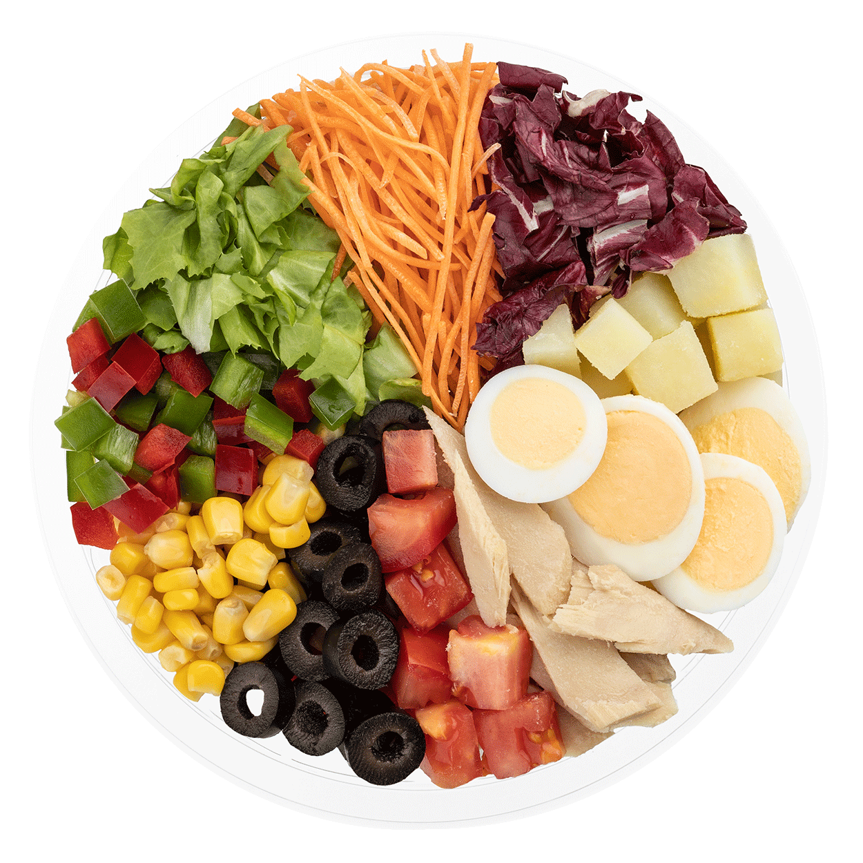 Florette – Producto – Patata y Huevo Duro – Producto Abierto Ensalada completa de patata y huevo duro con escarola lisa, zanahoria, radicchio, parata, huevo duro, salsa suave de mayonesa, maiz pimiento verde, atun, pimiento rojo, aceitunas negras y tomate en dados