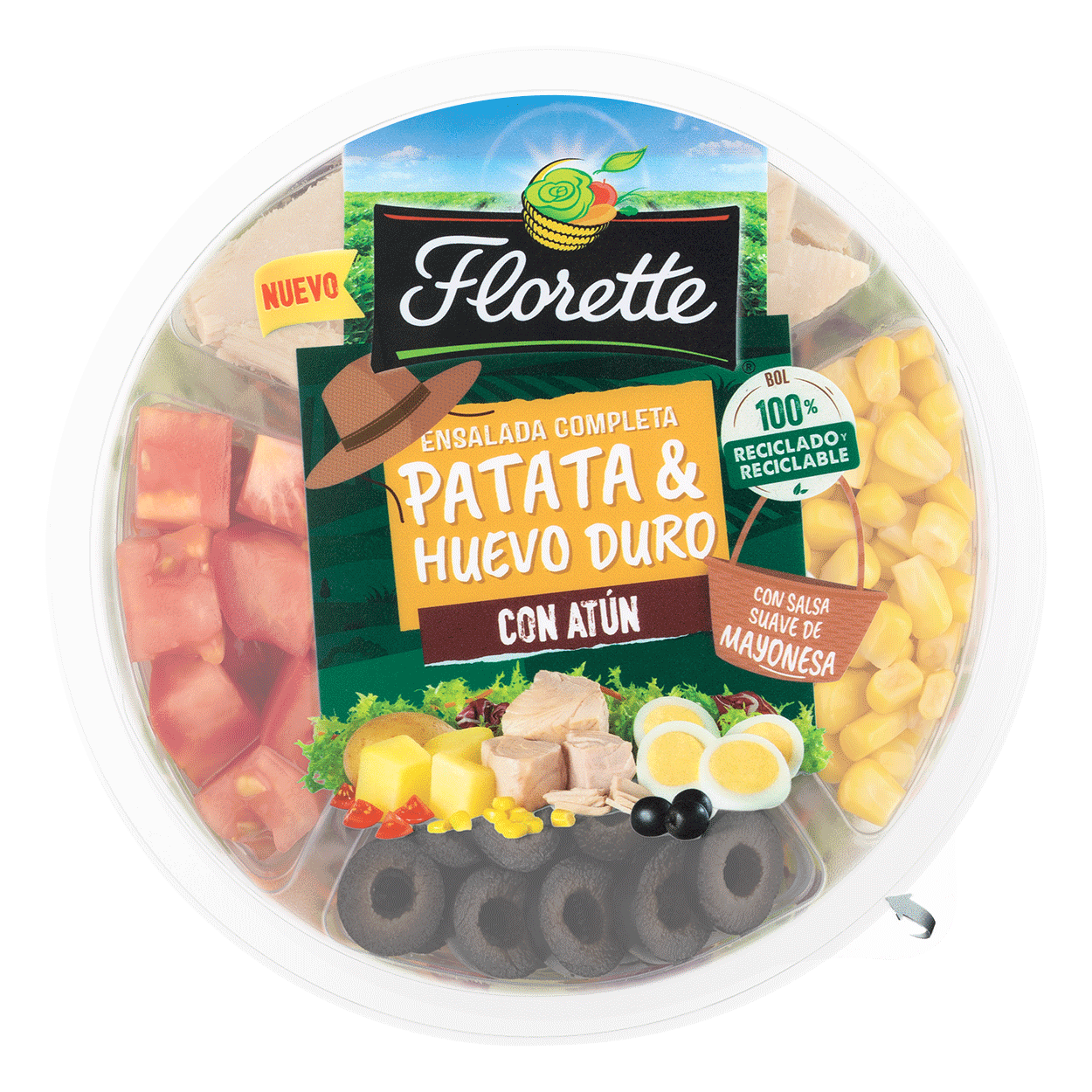 Florette – Producto – Patata y Huevo Duro – Tapa Ensalada completa de patata y huevo duro con escarola lisa, zanahoria, radicchio, parata, huevo duro, salsa suave de mayonesa, maiz pimiento verde, atun, pimiento rojo, aceitunas negras y tomate en dados