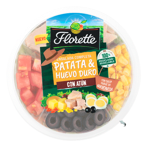 Ensalada completa de patata y huevo duro con escarola lisa, zanahoria, radicchio, parata, huevo duro, salsa suave de mayonesa, maiz pimiento verde, atun, pimiento rojo, aceitunas negras y tomate en dados