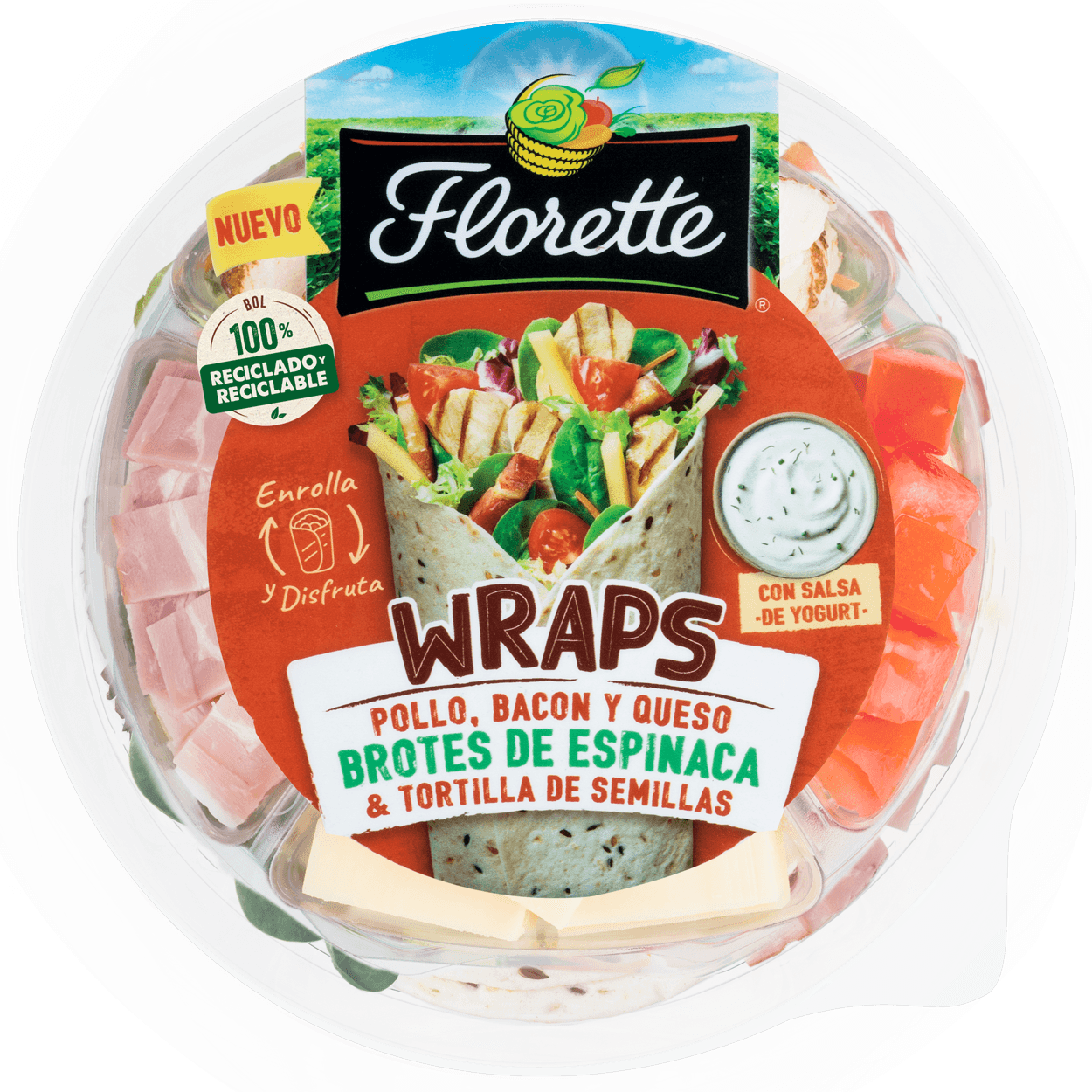 Florette – Producto – Wraps – Tapa Wraps de trigo con queso, bacon, salsa de yogur, escarola, pollo braseado, tomate, radicchio, brotes de espinaca y zanahoria.