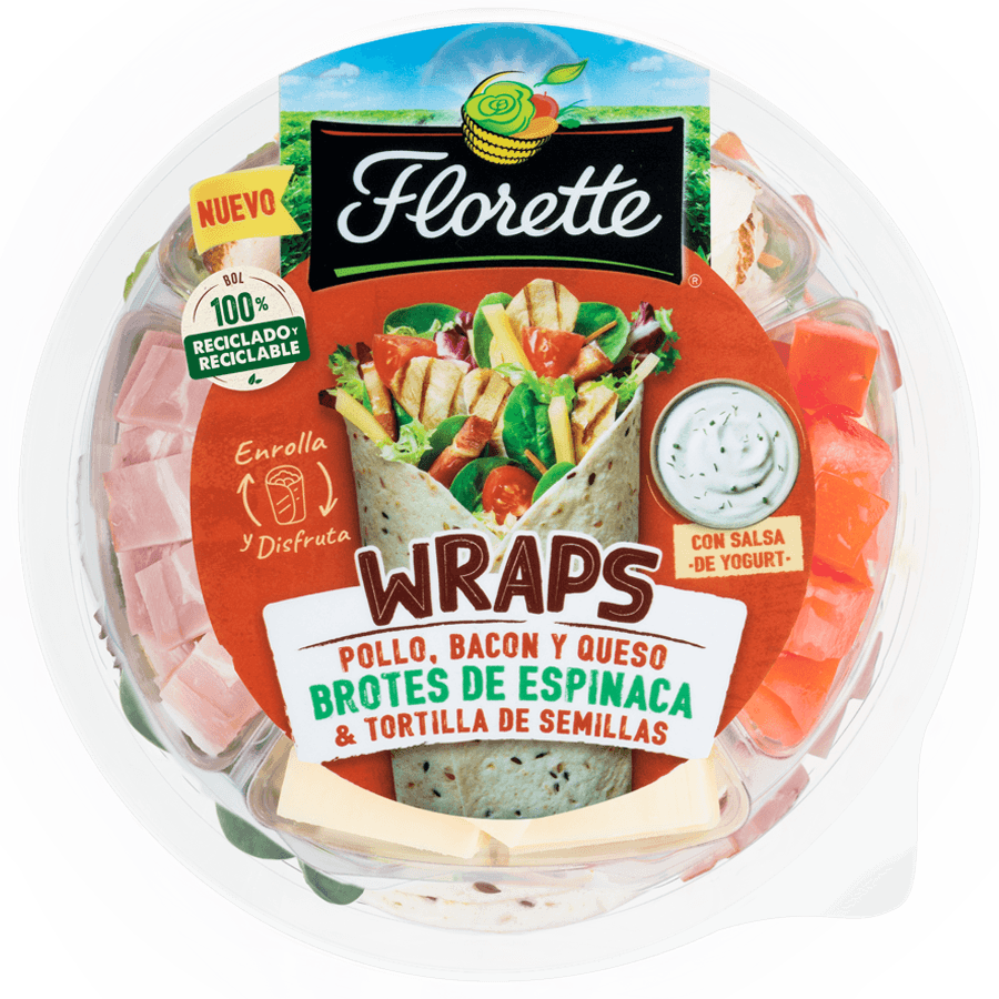 Florette – Producto – Wraps – Detalle Wraps de trigo con queso, bacon, salsa de yogur, escarola, pollo braseado, tomate, radicchio, brotes de espinaca y zanahoria.