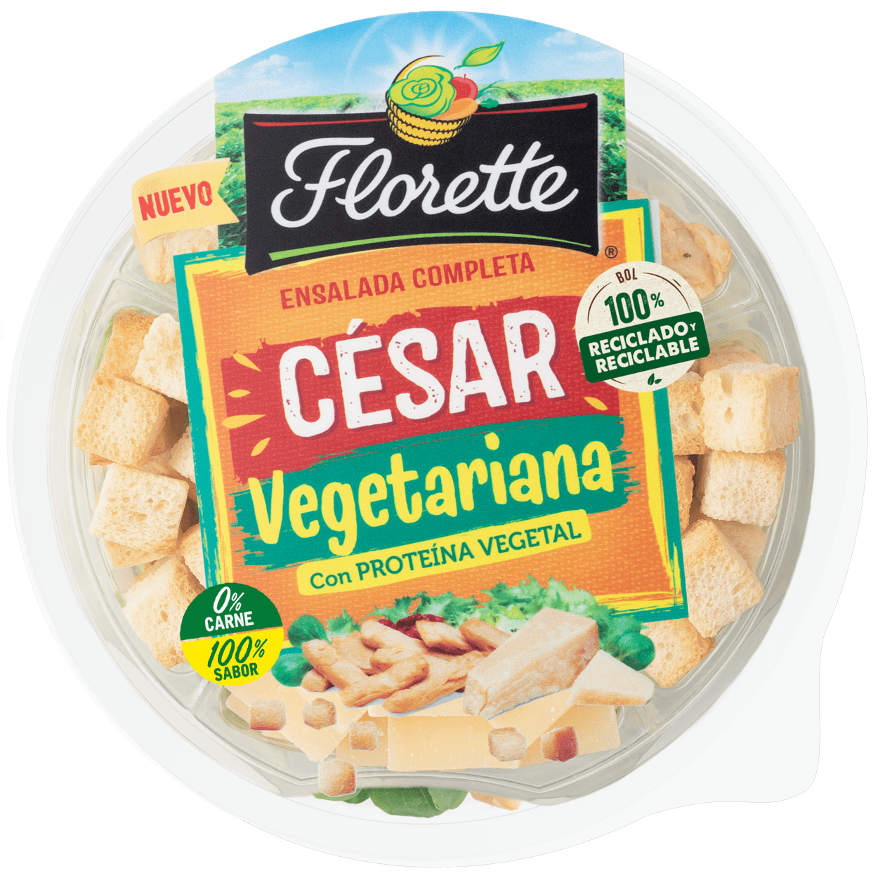 Florette – Producto – Ensalada Cesar Vegetariana – Cerrado Ensalada completa césar vegetariana con queso curado, proteína vegetal, salsa césar vegetariana, picatostes originales, canónigo verde, escarola rizada y radicchio