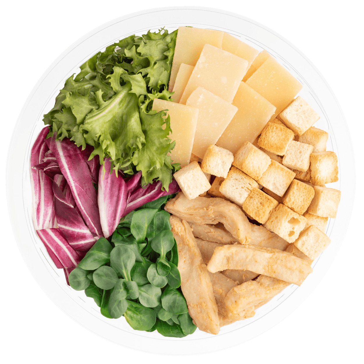 Florette – Producto – Ensalada Cesar Vegetariana – Abierto Ensalada completa césar vegetariana con queso curado, proteína vegetal, salsa césar vegetariana, picatostes originales, canónigo verde, escarola rizada y radicchio