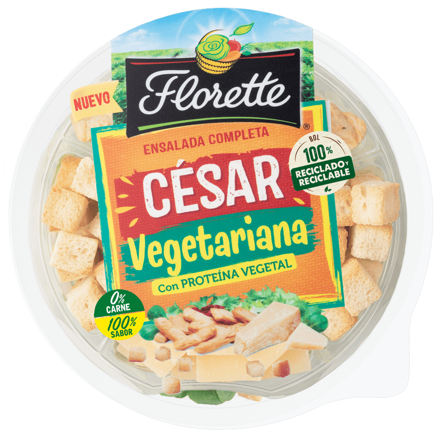 Florette – Producto – Ensalada Cesar Vegetariana – Detalle Ensalada completa césar vegetariana con queso curado, proteína vegetal, salsa césar vegetariana, picatostes originales, canónigo verde, escarola rizada y radicchio
